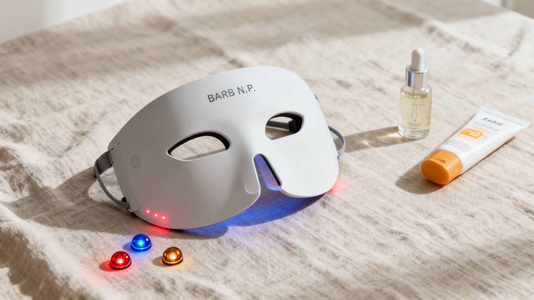 A white LED light therapy face mask, glowing, with skincare products and light capsules on fabric.