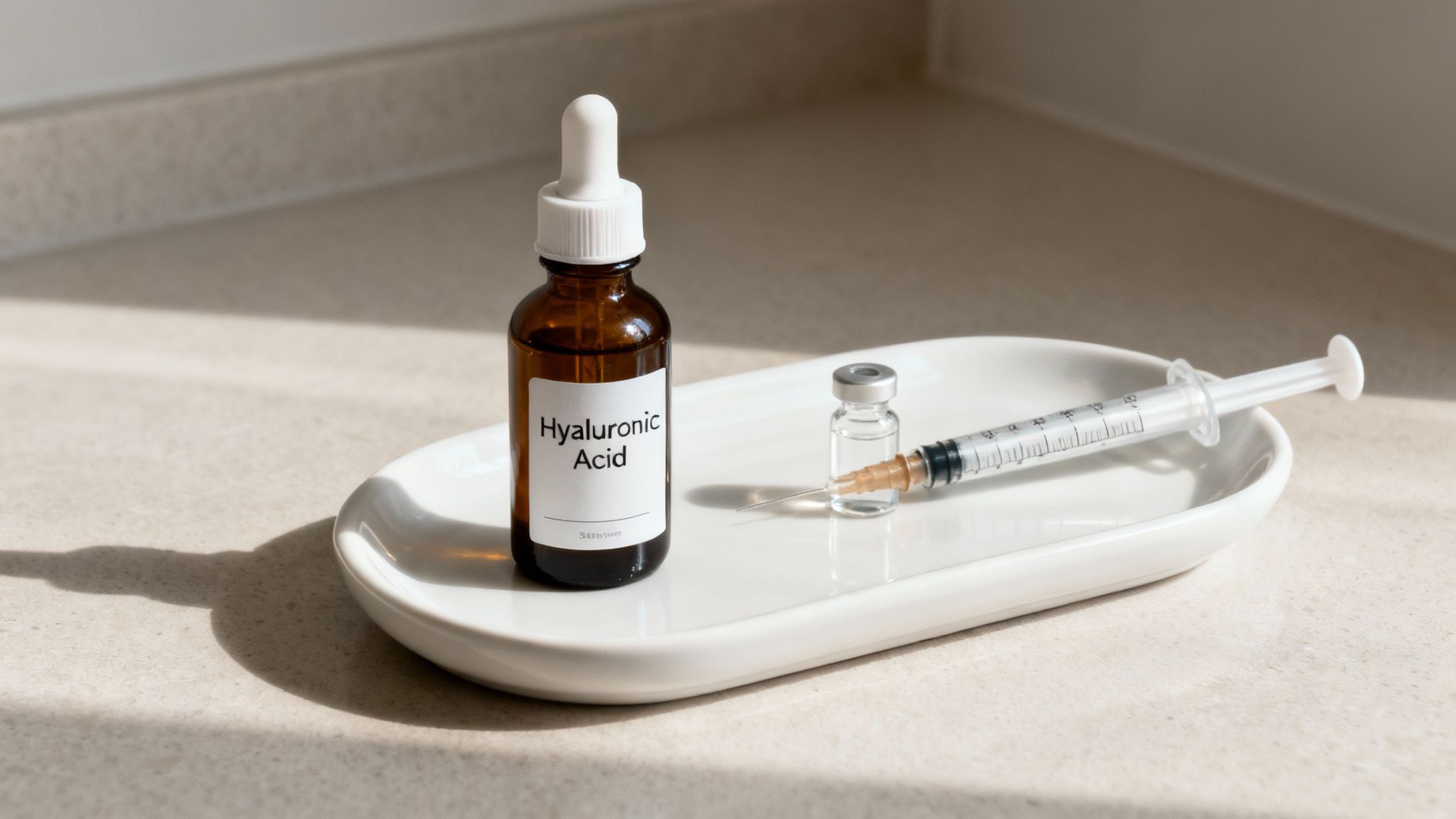 A brown bottle of Hyaluronic Acid serum, a vial, and a syringe on a white tray.