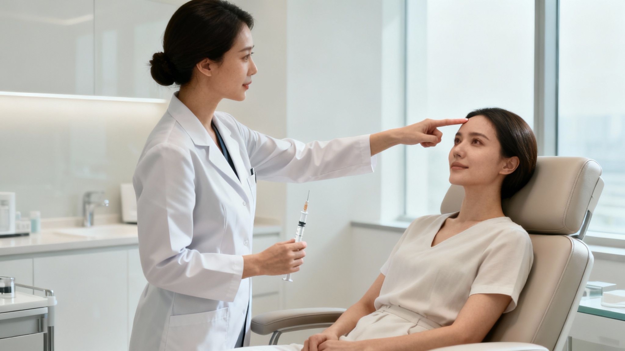 A person receiving a Dysport injection in their forehead from a qualified provider, highlighting the precision of the treatment.