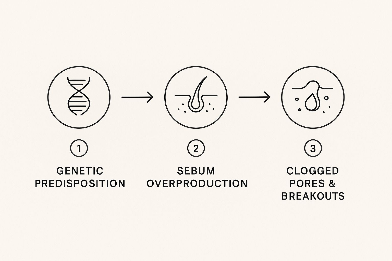 Infographic showing the process flow from 'Genetic Predisposition' to 'Sebum Overproduction' and finally to 'Clogged Pores & Breakouts'