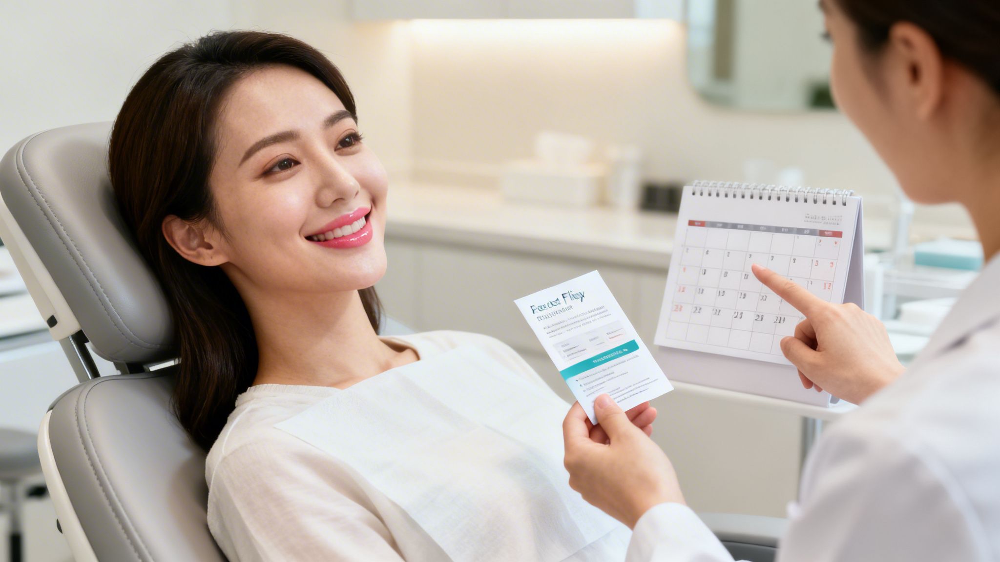 A happy woman in a dental chair discusses her appointment with a dentist pointing at a calendar.