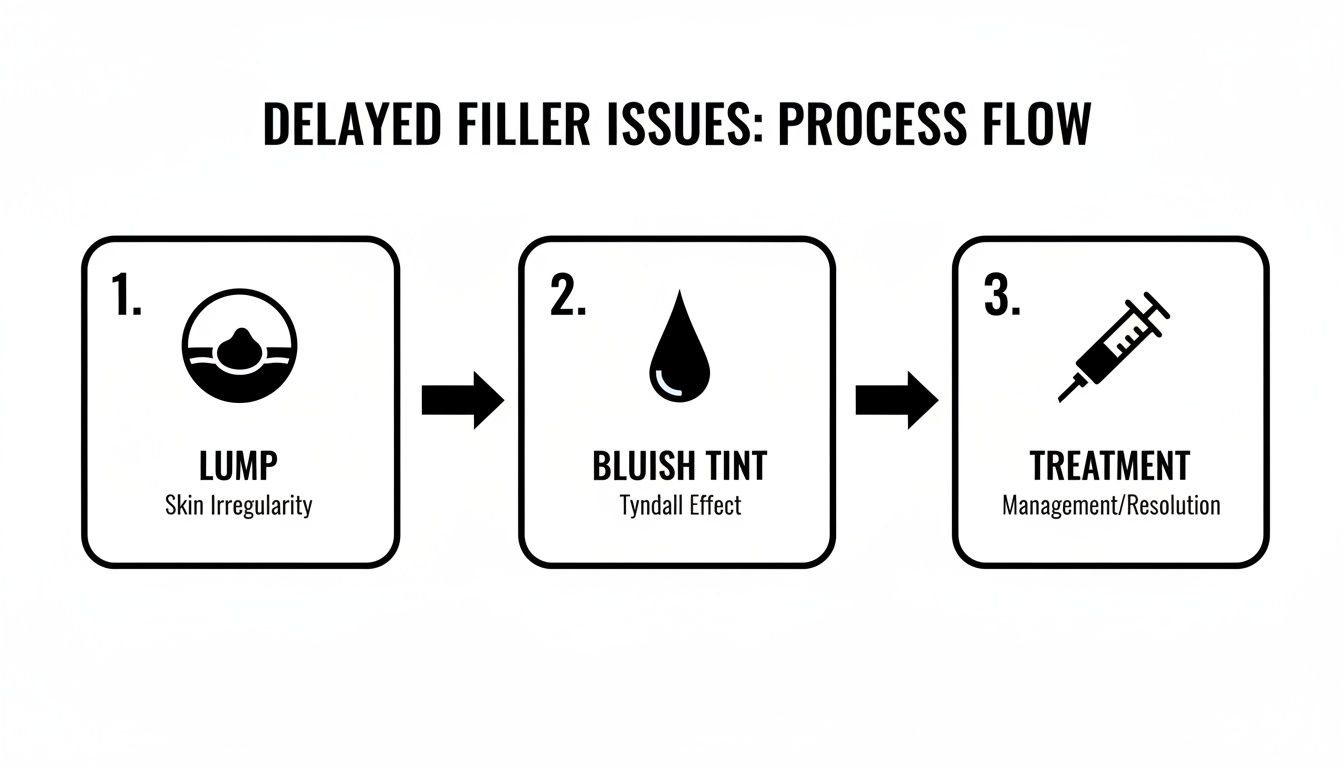 A three-step process flow illustrating delayed dermal filler issues: lump, bluish tint, and treatment.