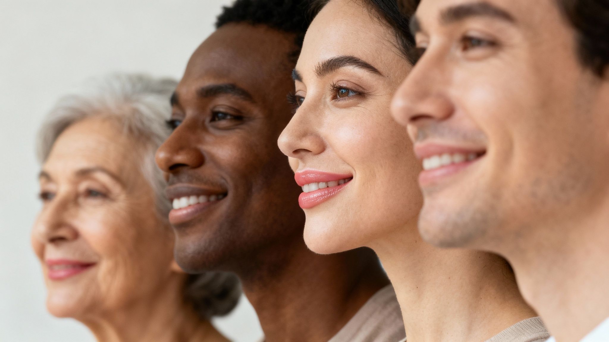 Diverse group of smiling people in profile, showcasing various ages and ethnicities.