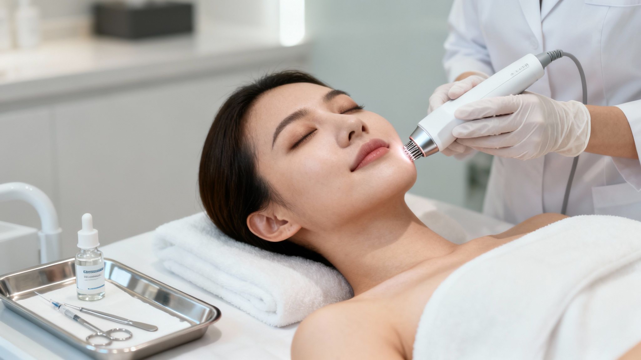 A young woman lies with closed eyes, receiving a facial beauty treatment with a specialized device.