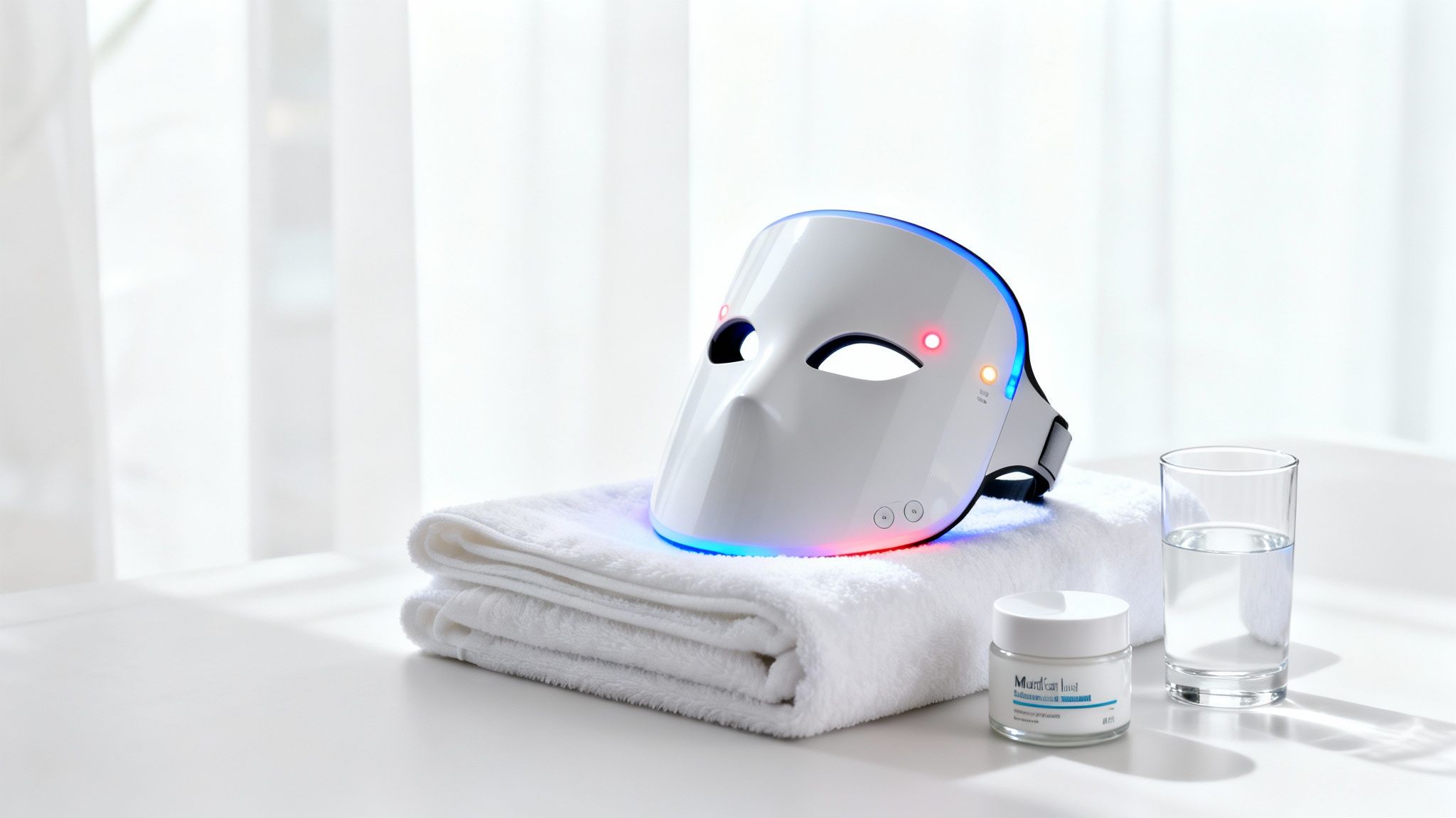 A white LED facial mask glowing with colorful lights, a towel, cream, and water.