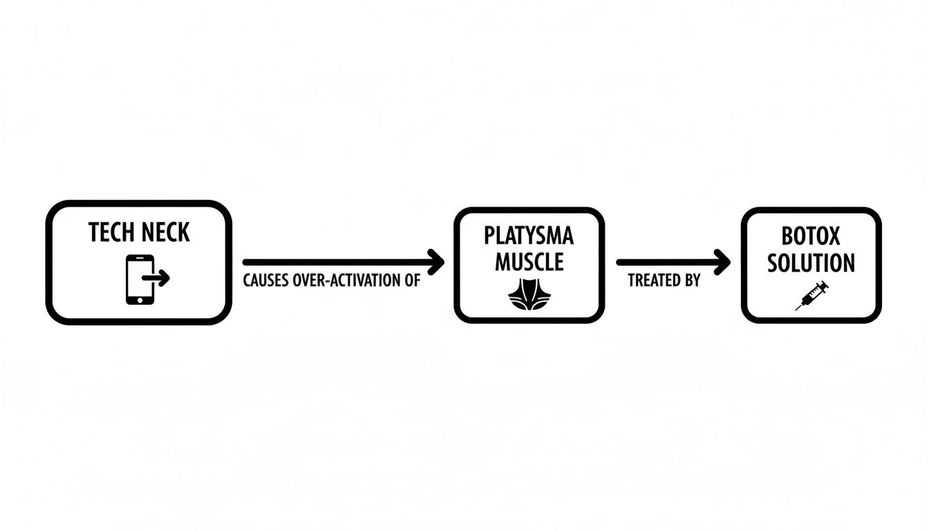 Flowchart illustrating tech neck causing platysma muscle over-activation, treated by botox solution.