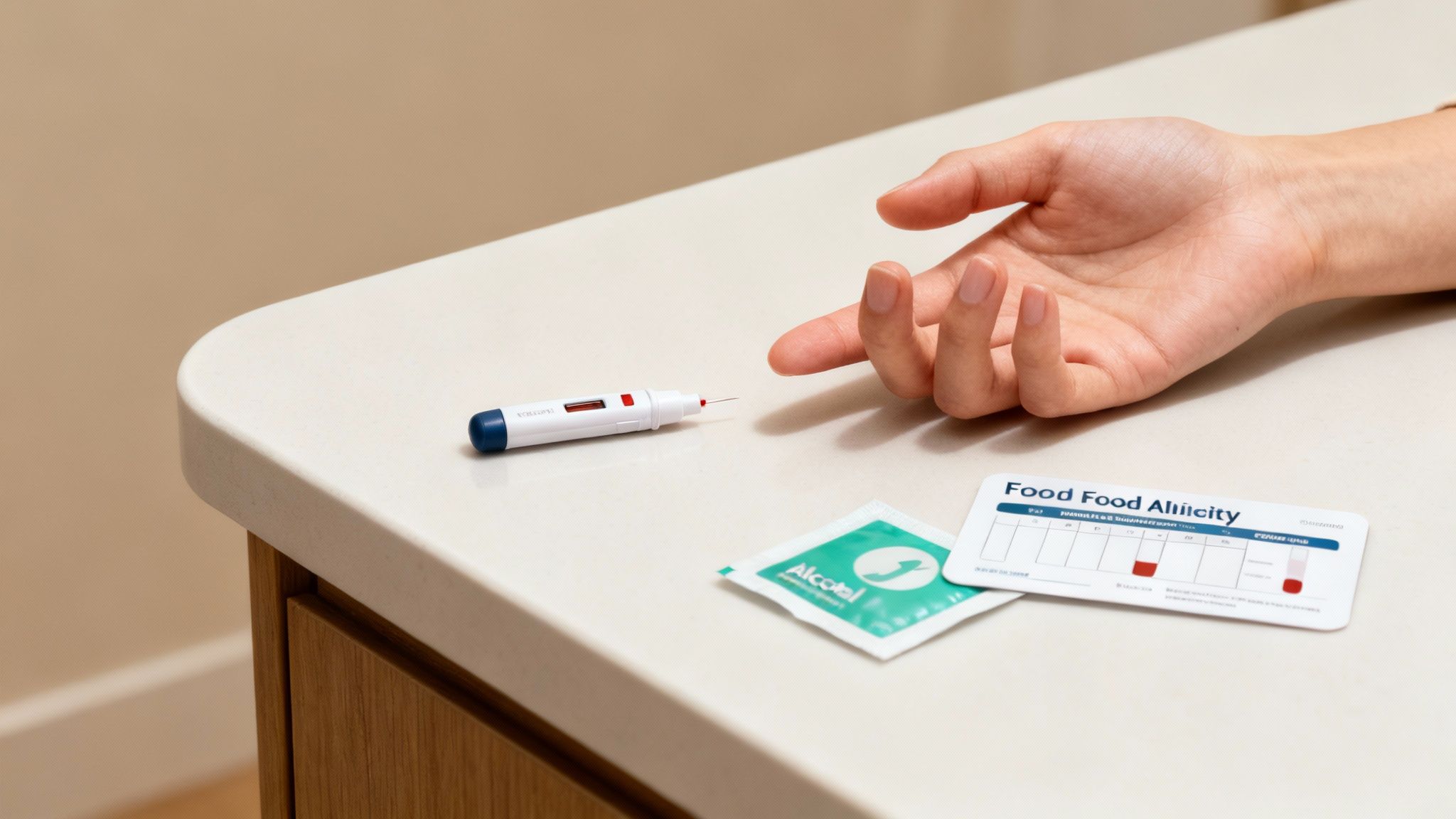 A person's hand next to a lancing device, an alcohol wipe, and a food allergy test card.