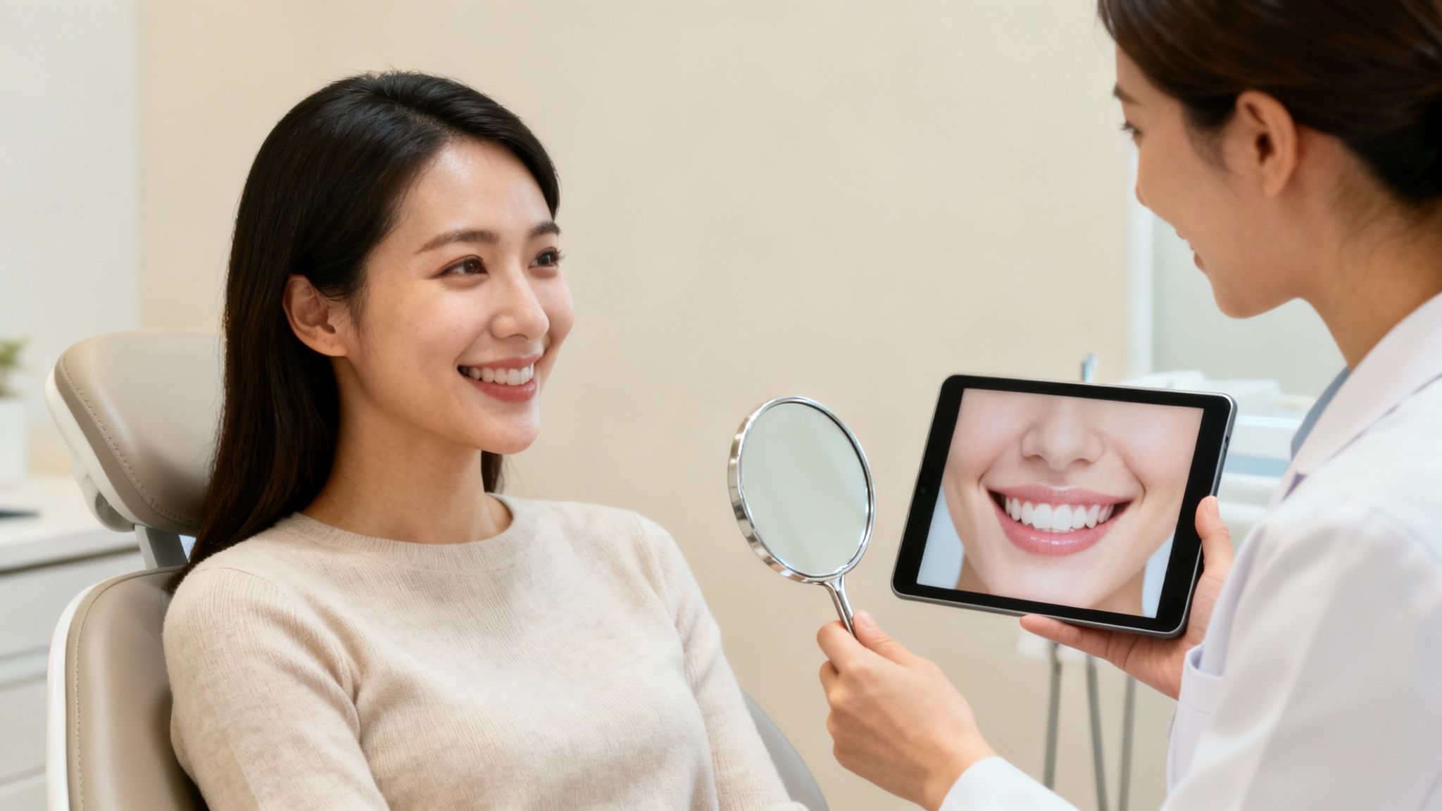 Smiling patient and dentist reviewing smile design on a tablet and mirror during a dental consultation.