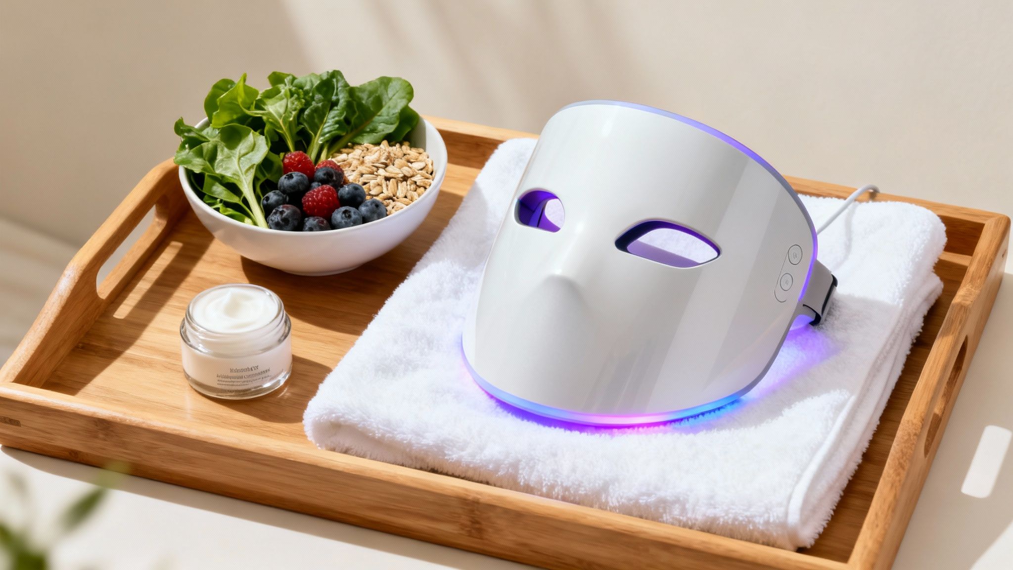 A white LED face mask, healthy berries and spinach, and cream on a wooden tray.