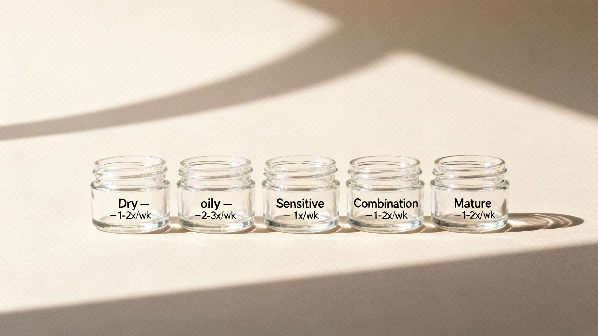 Five clear glass jars showing different skin types: dry, oily, sensitive, combination, and mature, with exfoliation frequencies.