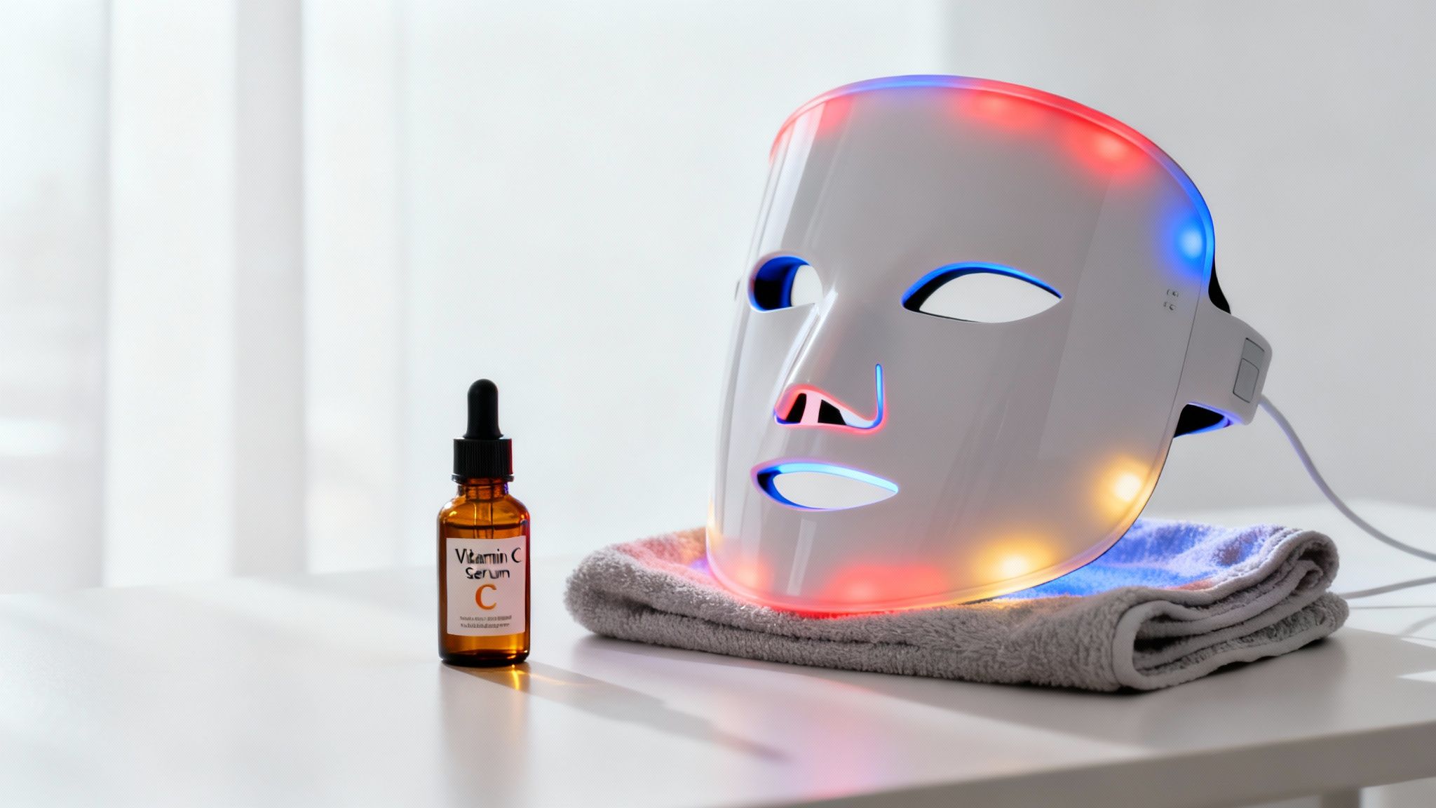 LED light therapy mask displaying multi-colored lights next to a Vitamin C serum bottle and towel.