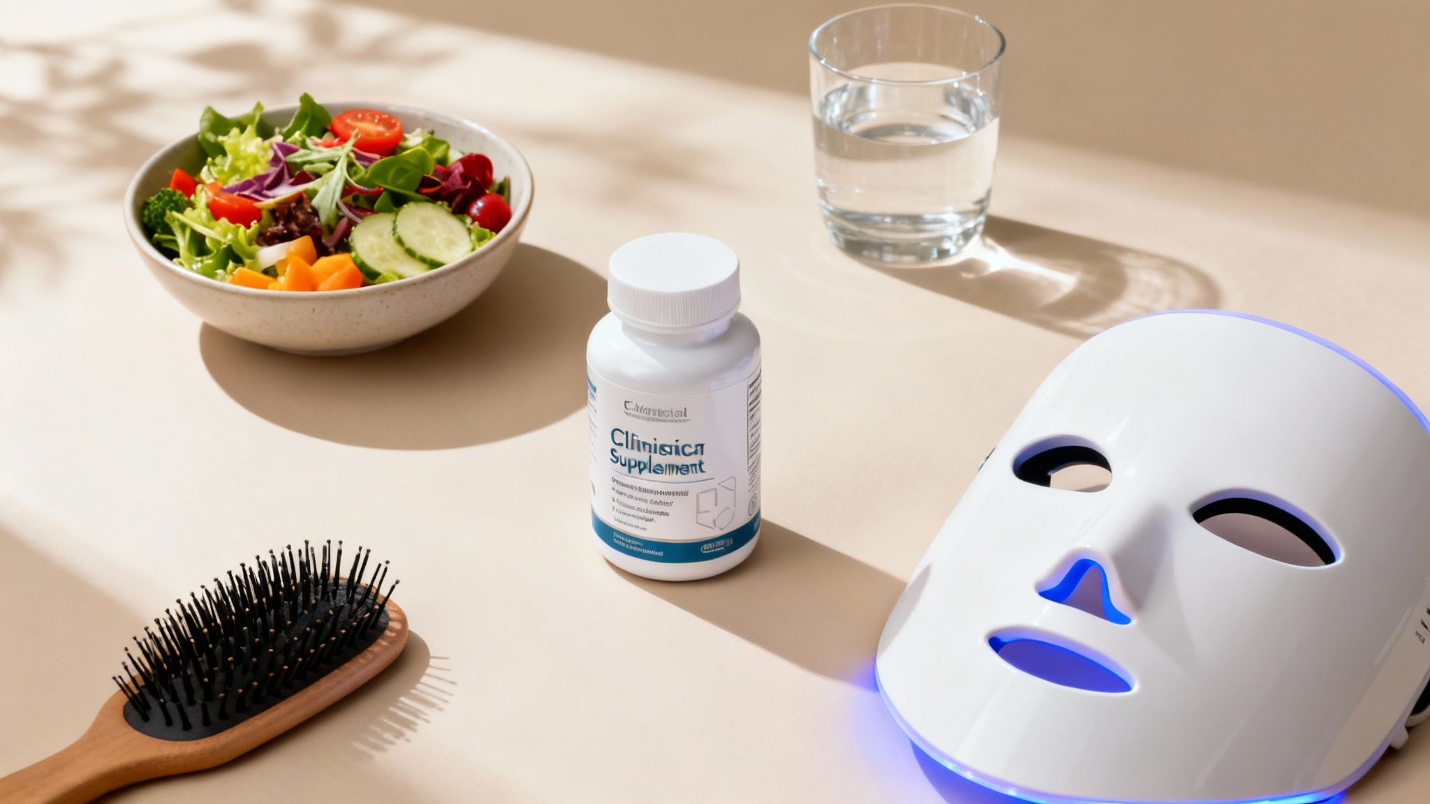 A healthy lifestyle flatlay with salad, hair supplements, water, a hairbrush, and an LED face mask.