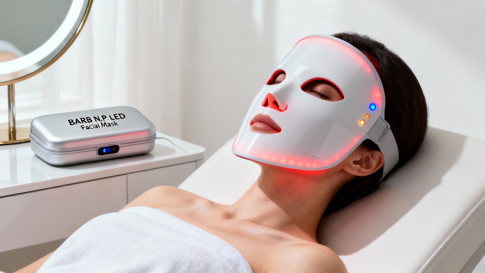A person relaxing with a red LED facial mask, with the product control unit in the background.