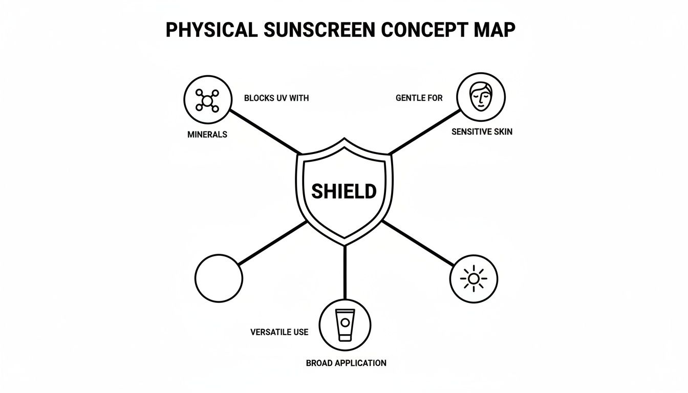 A physical sunscreen concept map illustrating benefits like mineral UV blocking and gentle application.