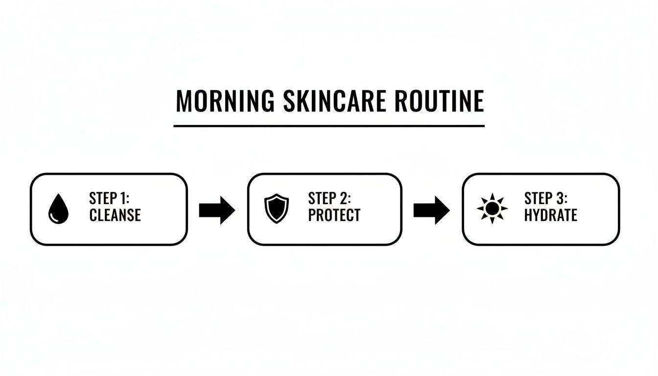 An infographic illustrating a three-step morning skincare routine: cleanse, protect, and hydrate, with icons.