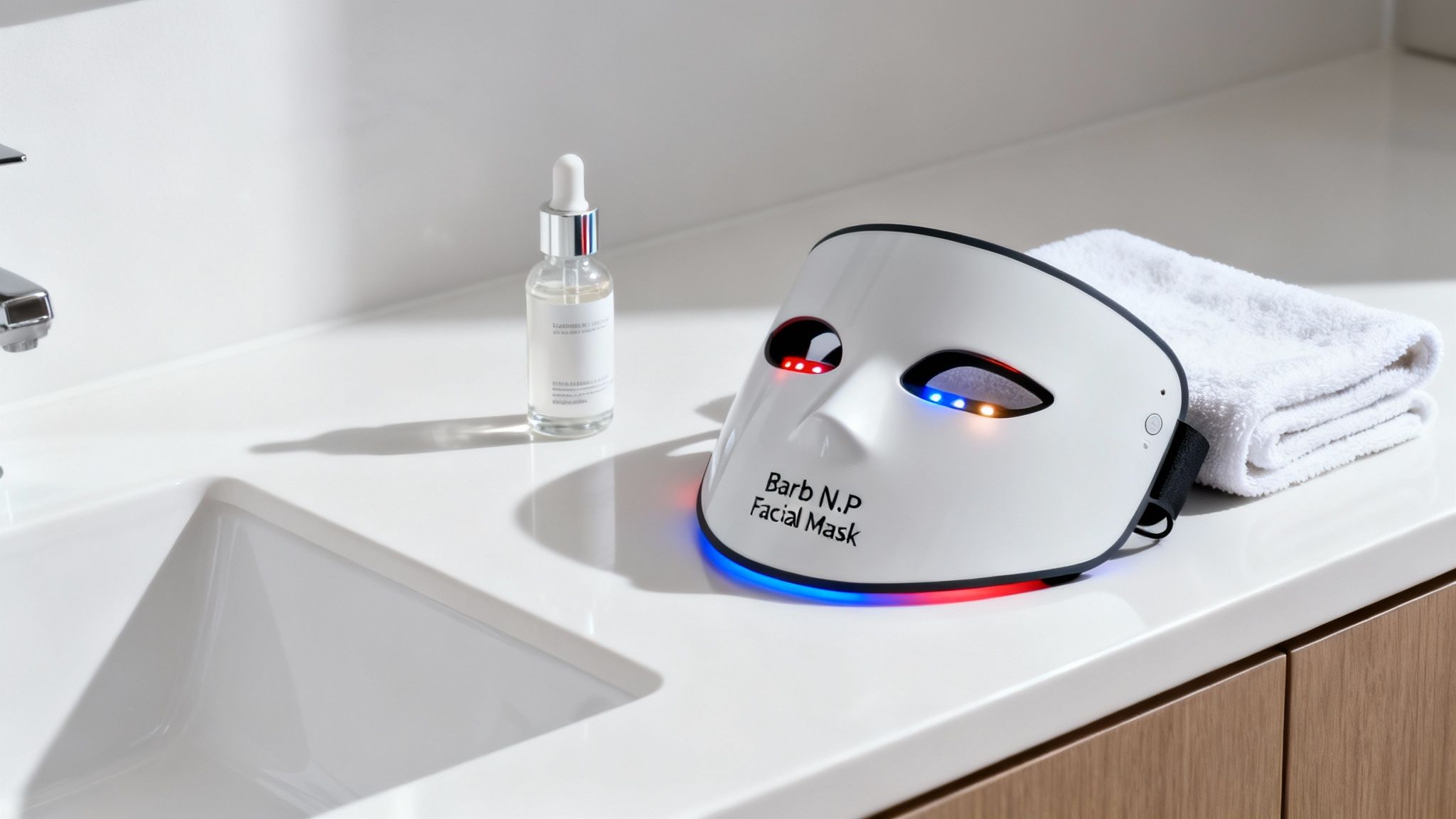 A white LED facial mask with red and blue lights, a serum bottle, and a white towel on a bathroom counter.