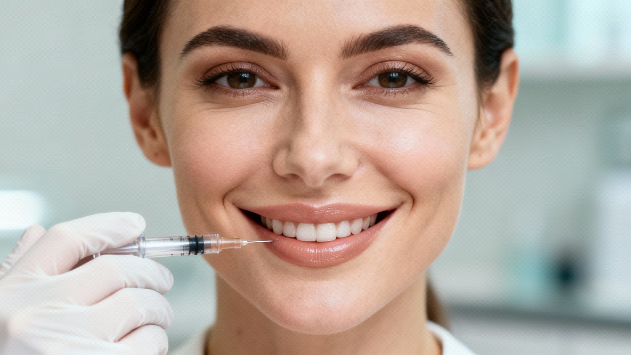 Close-up of a smiling woman receiving a cosmetic lip injection with a syringe.