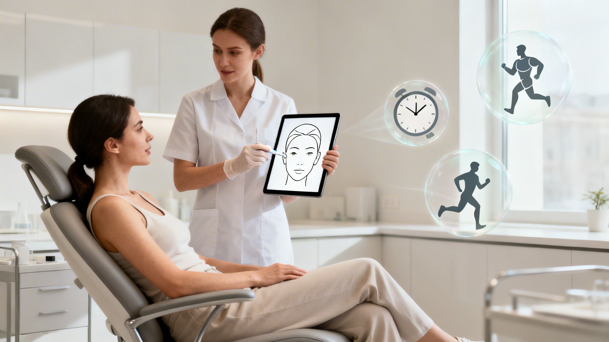 A doctor shows a facial diagram on a tablet to a patient, with icons for time and exercise.