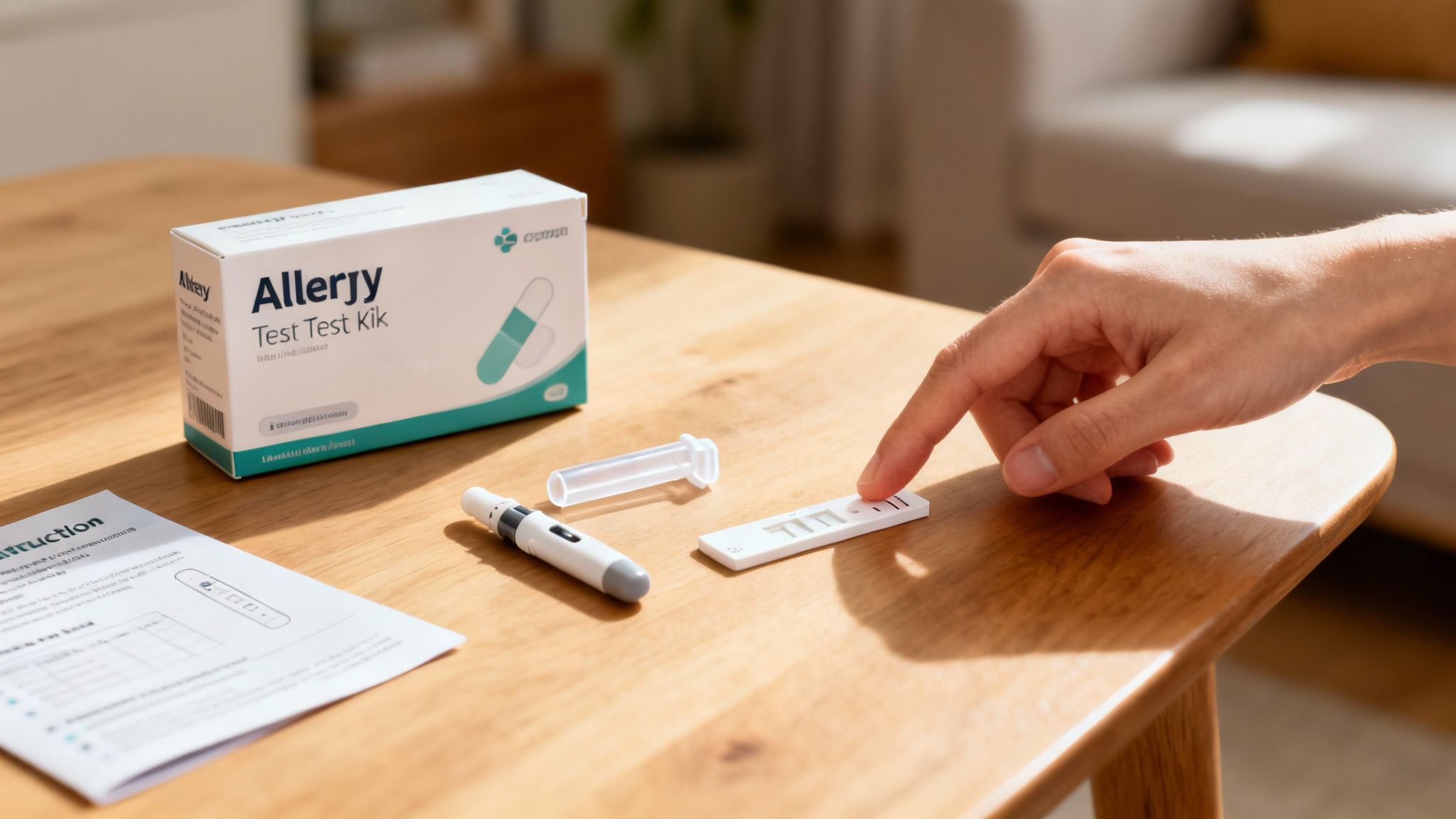 A person's hand points to an at-home allergy test kit with instructions on a wooden table.