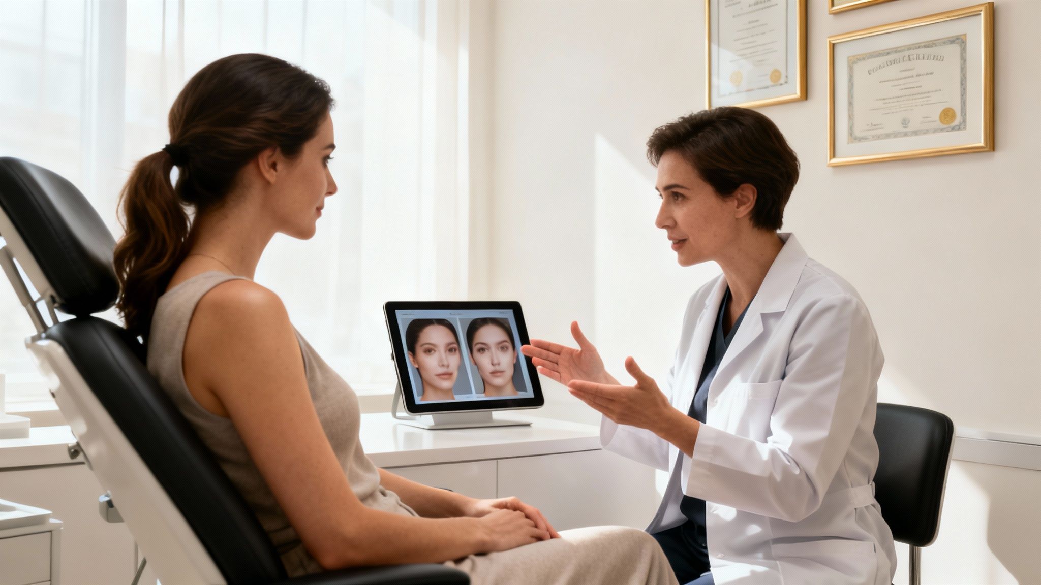 Doctor discusses facial cosmetic treatment options with a patient, showing results on a tablet.