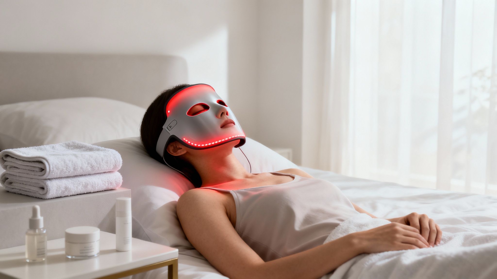Woman using an LED mask for aftercare.
