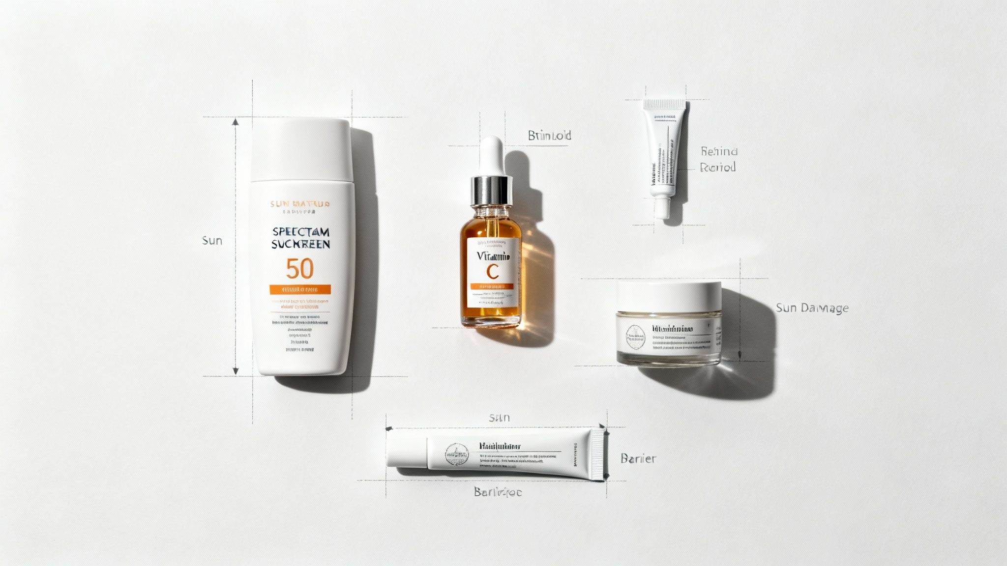 Skincare product layout showing sunscreen, vitamin C serum, retinol, and repair creams for sun protection
