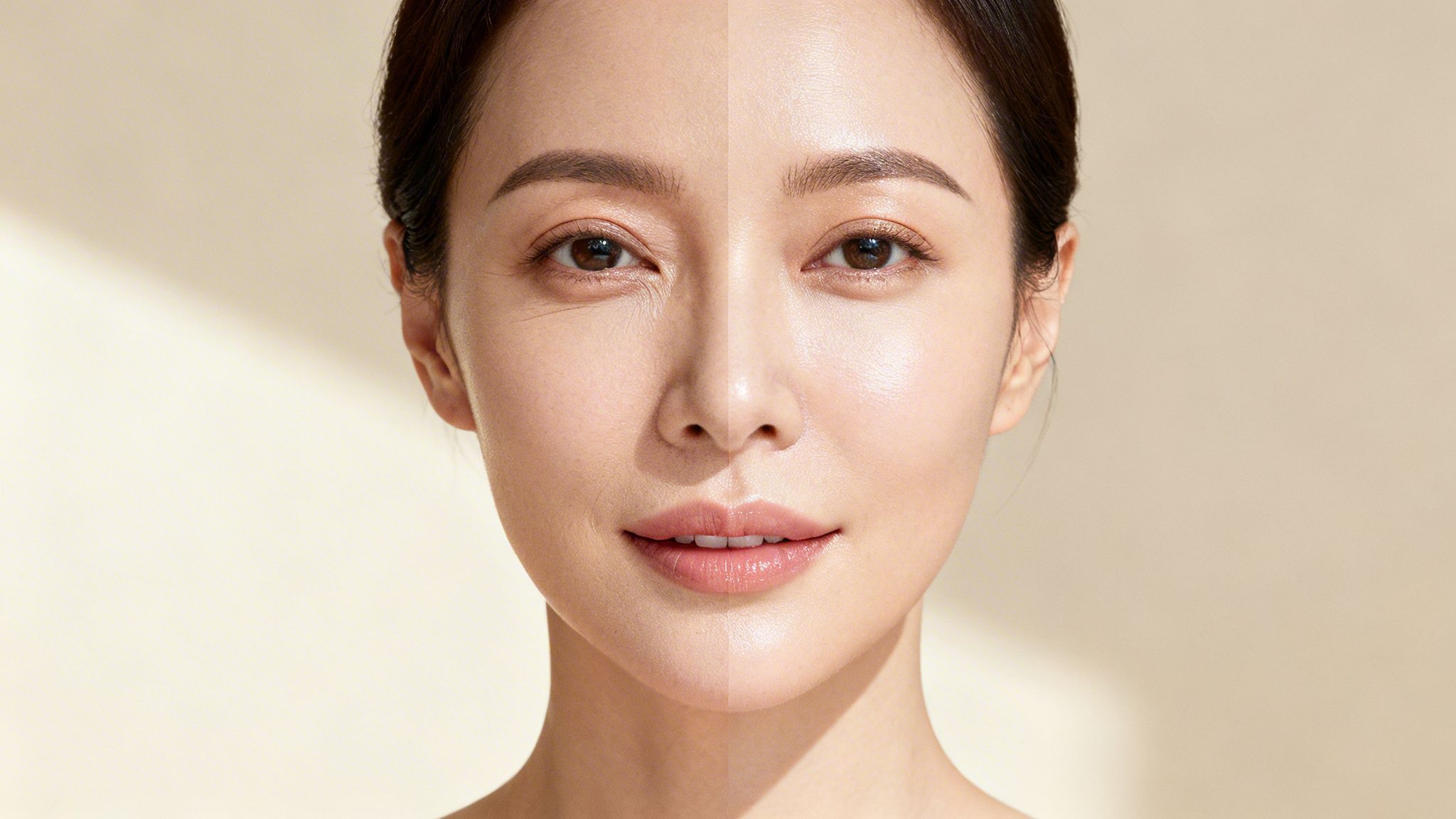 Close-up of a woman's face, comparing hydrated and dehydrated skin, showing before and after treatment.