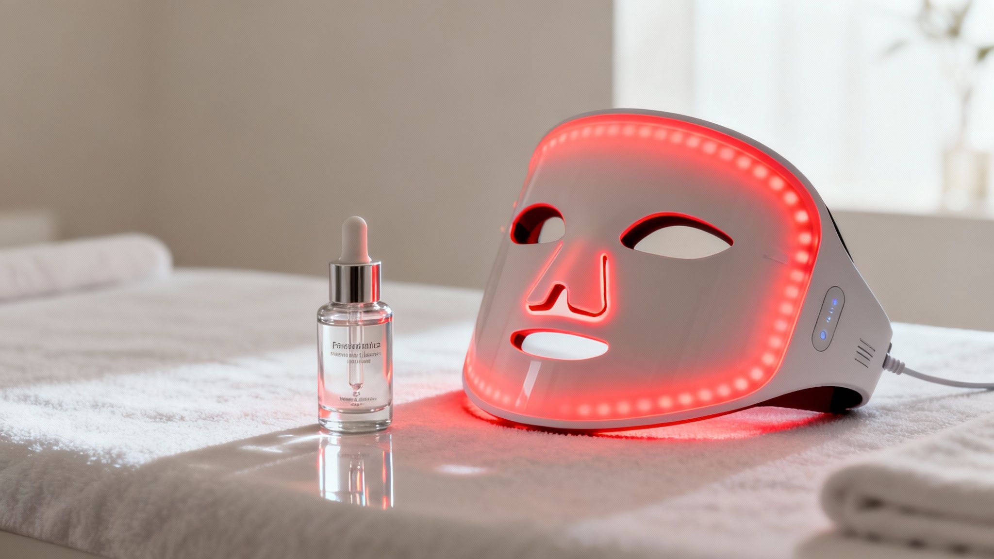 A white LED light therapy face mask with red light and a peptide serum bottle on a white towel.