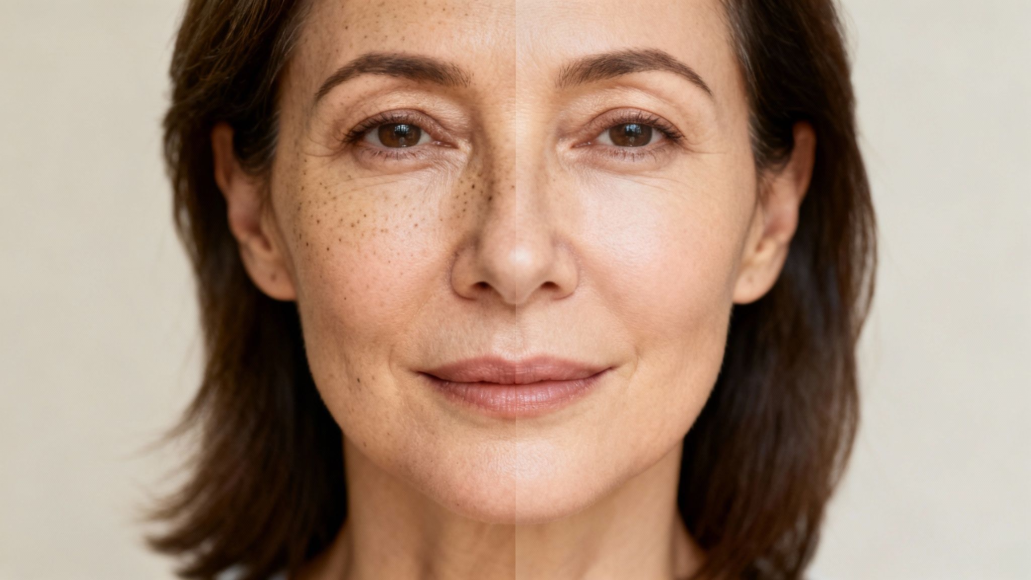 Close-up of a woman's face showing before and after sun damage treatment results.
