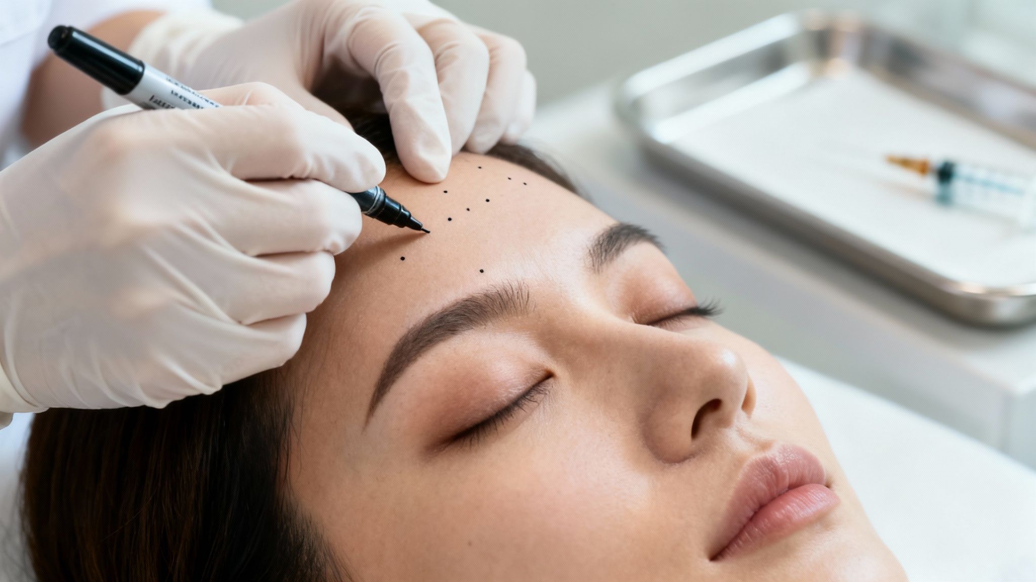 A gloved hand marks a woman's forehead with black dots for a cosmetic Botox procedure.