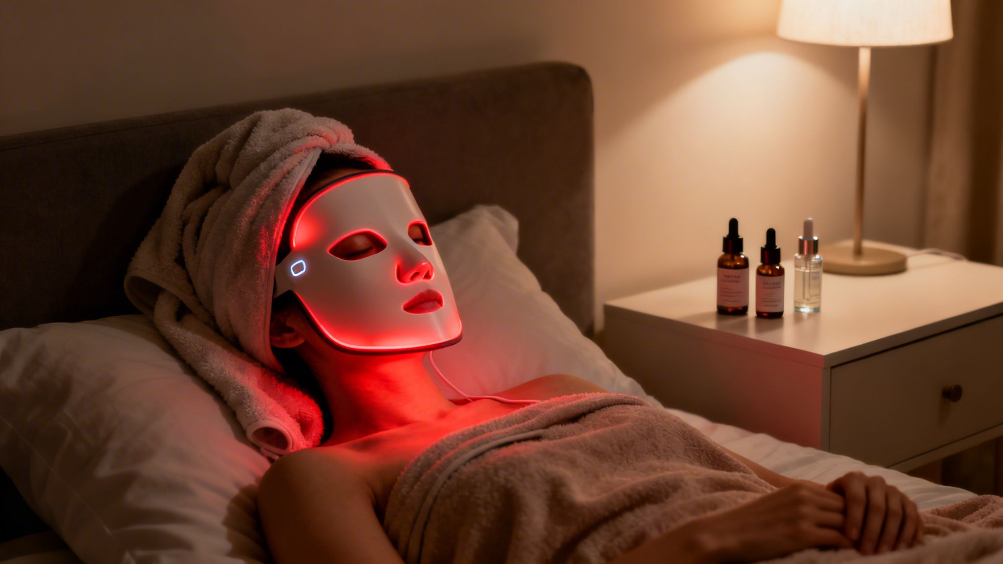 A woman relaxes in bed wearing a red LED light therapy mask for a soothing skincare treatment.
