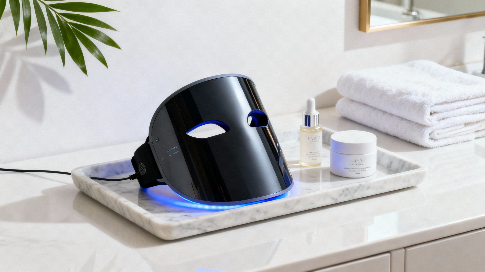 A black LED face mask glowing blue, with skincare products and towels on a marble tray.