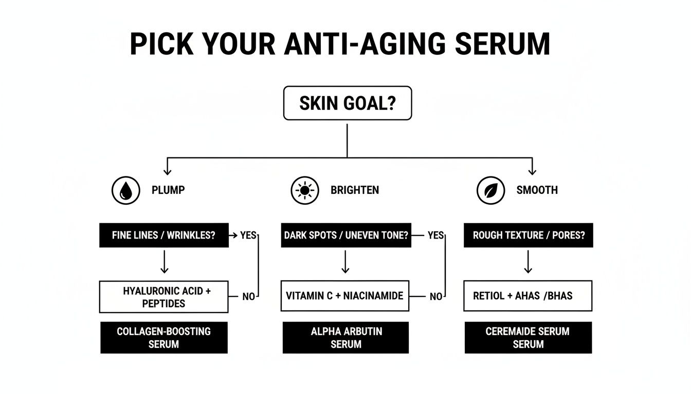 Flowchart guiding users to pick anti-aging serums based on their skin goals.