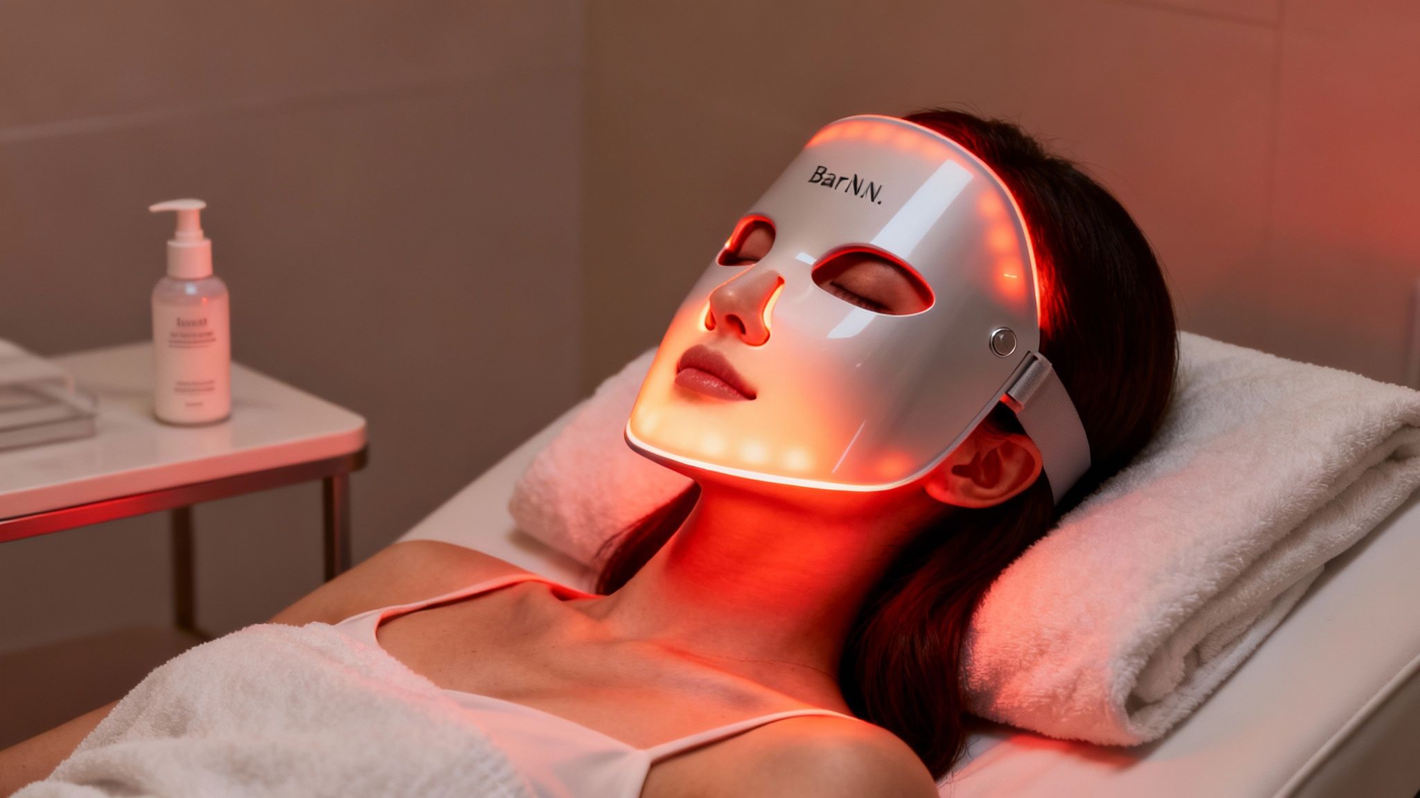 A woman relaxes with a red LED light therapy mask on her face during a spa treatment.