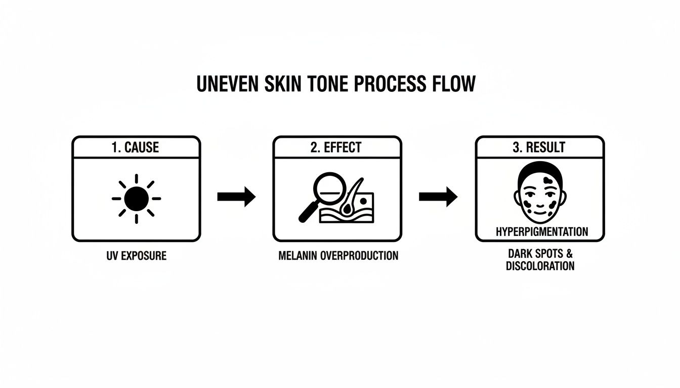 Process flow diagram showing UV exposure leads to melanin overproduction, causing hyperpigmentation and dark spots.