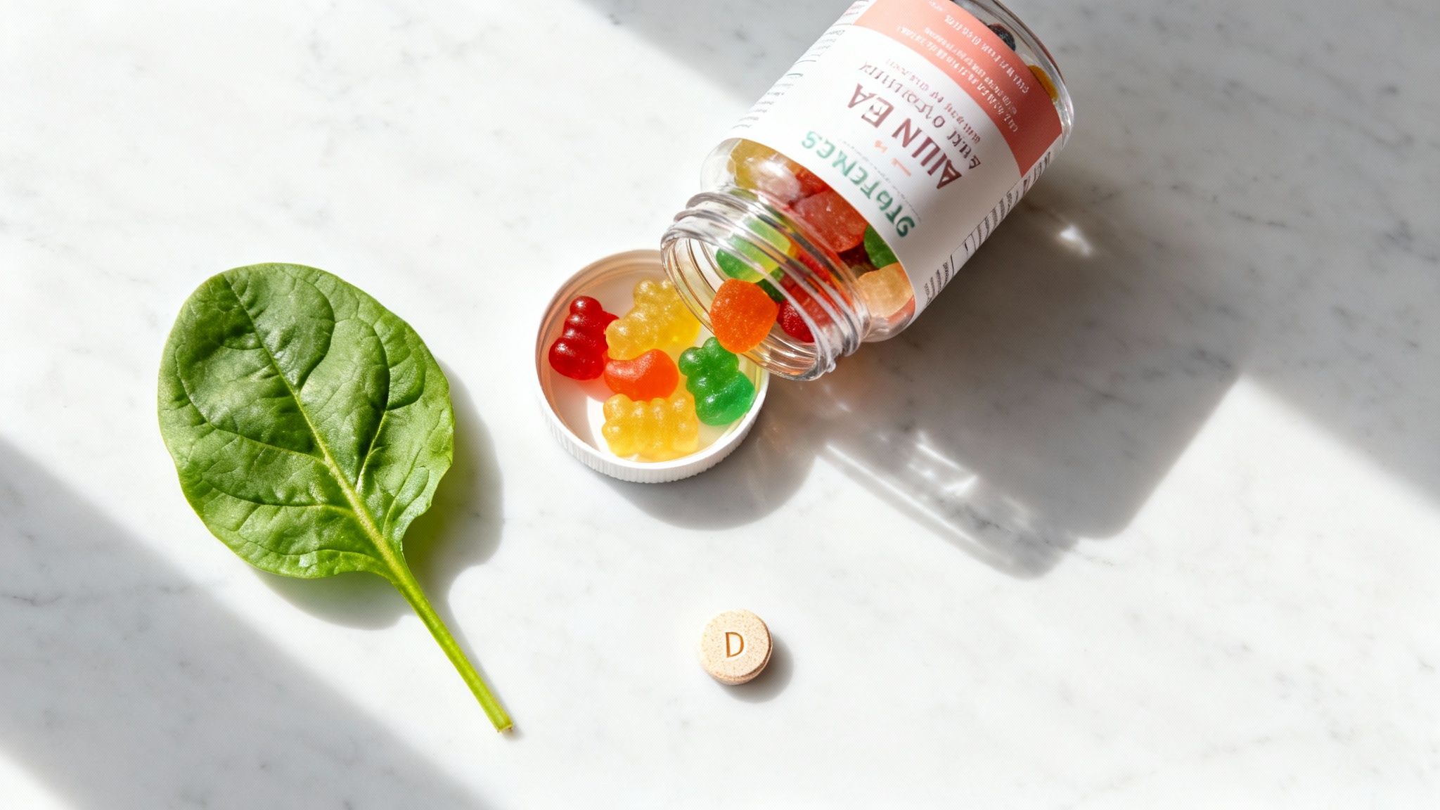 Vitamin D supplement tablet and gummy vitamins spilled from bottle beside fresh spinach leaf