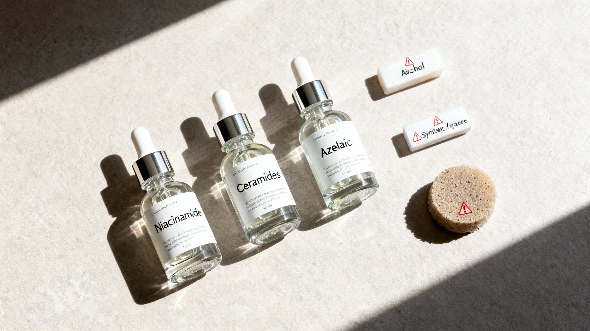 Clear skincare serum bottles for Niacinamide, Ceramides, and Azelaic, alongside warning signs.