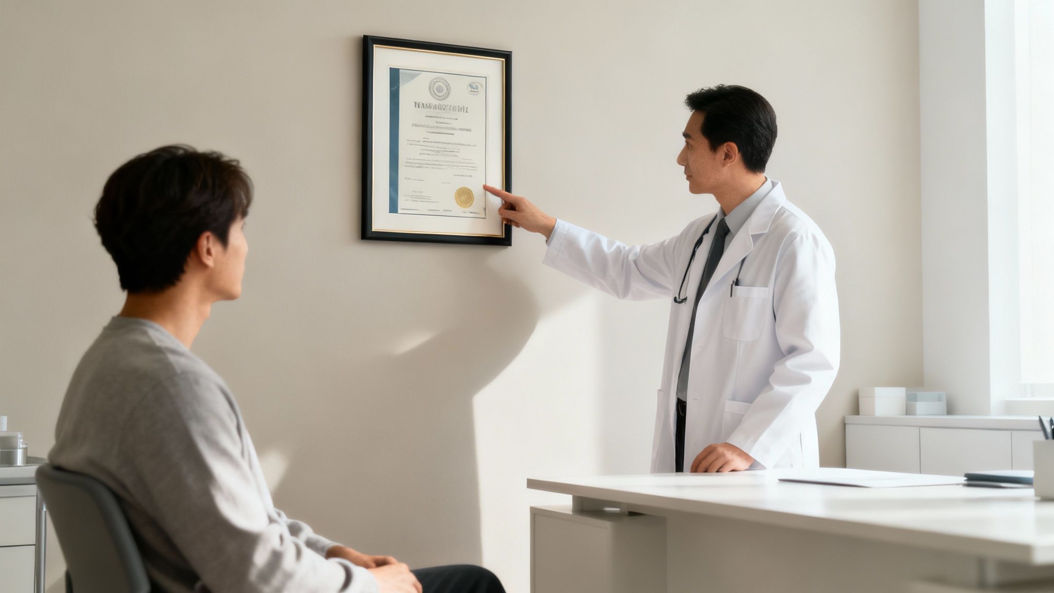 A medical professional in a clean, modern clinic environment, representing a safe provider.