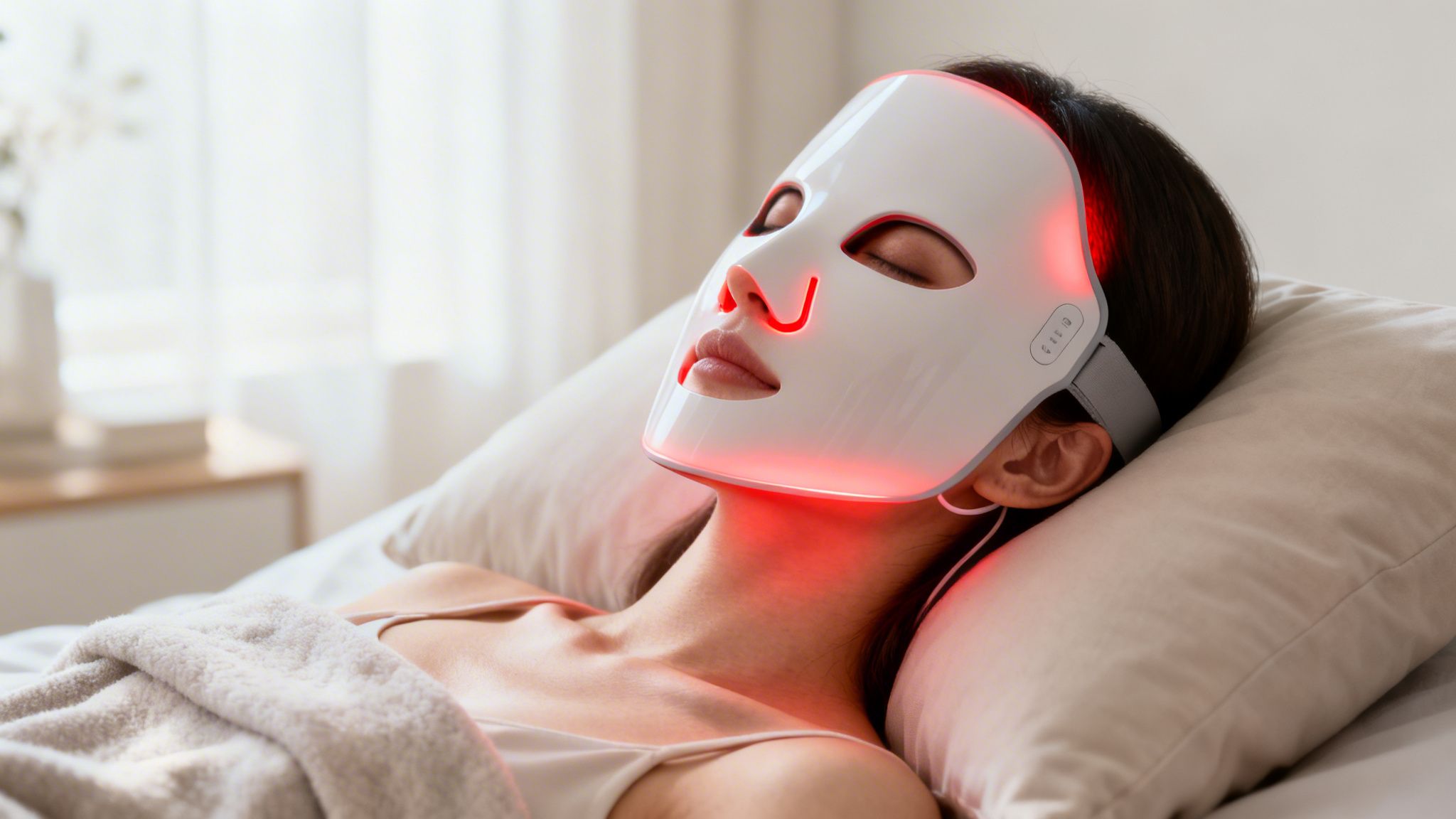 A person with closed eyes relaxing while wearing a white LED light therapy mask with red light.