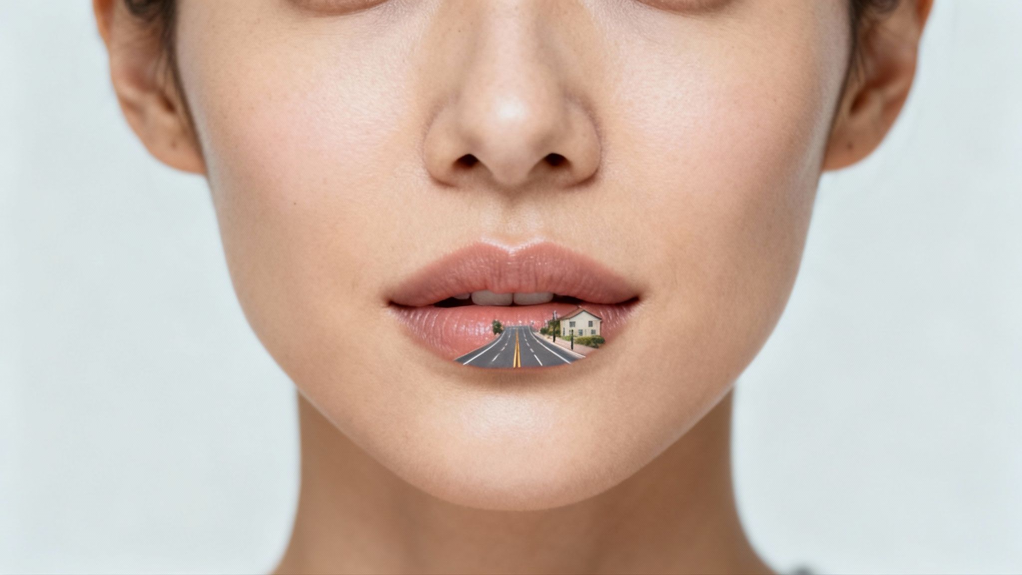 Close-up of a person's mouth with a miniature road leading to a small house inside.