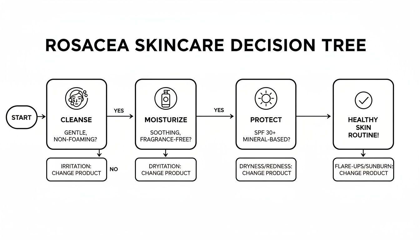 A rosacea skincare decision tree flowchart showing steps for cleansing, moisturizing, and protection for healthy skin.