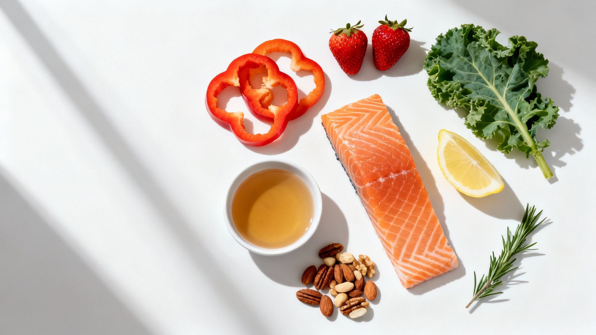 A flat lay of healthy ingredients including salmon, kale, bell pepper, strawberries, nuts, and herbs.