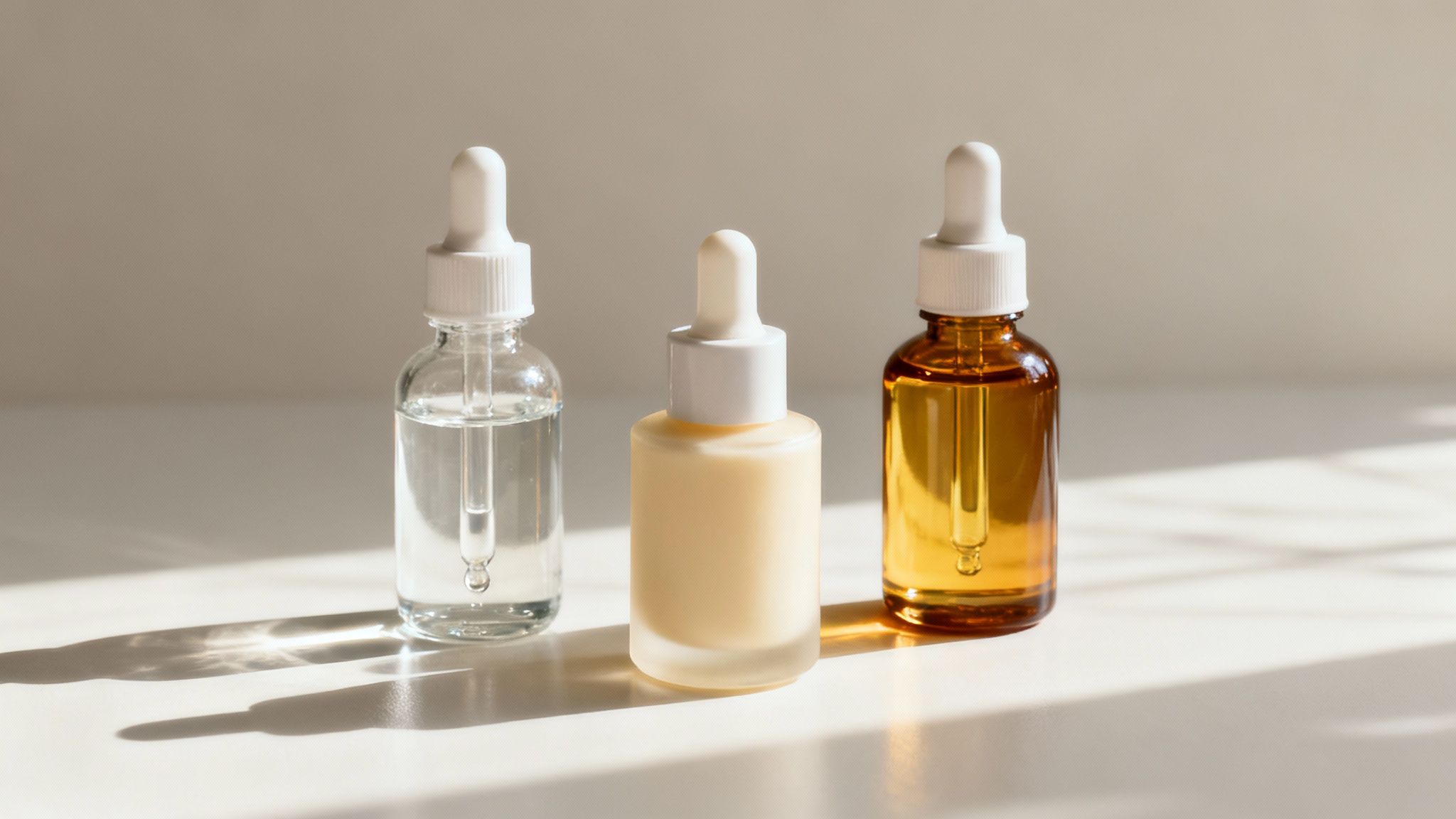 A collection of skincare serums on a decorative tray