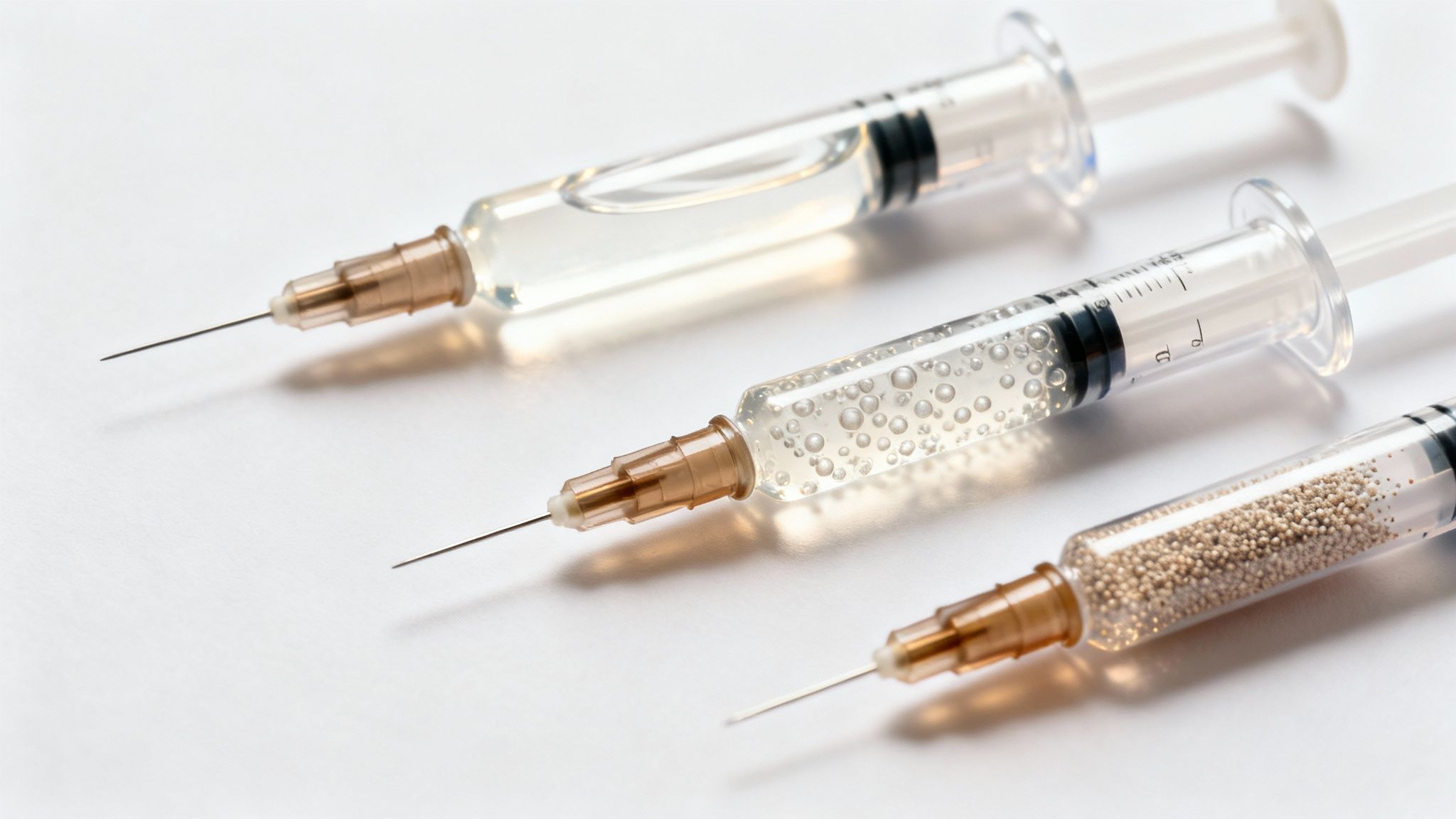 Three medical syringes, each containing different substances: clear liquid, bubbly fluid, and tiny granules.