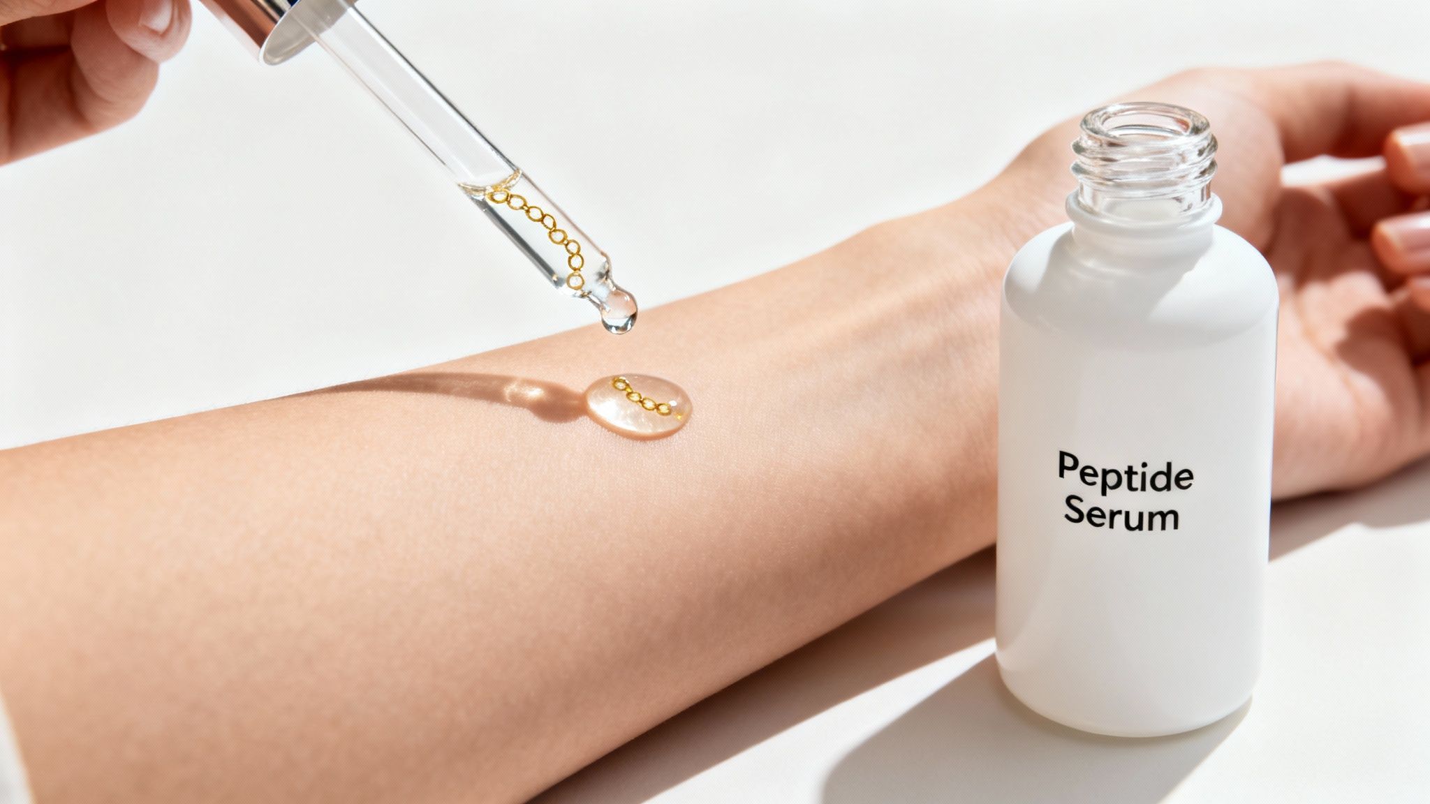 A hand applies peptide serum with golden chains from a dropper onto a forearm, next to a white bottle.