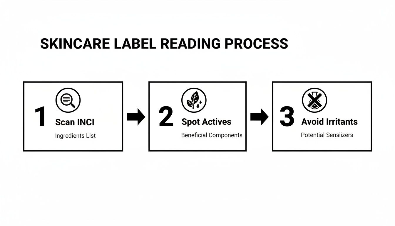 A three-step process flowchart on how to read skincare labels, identifying ingredients, actives, and irritants.