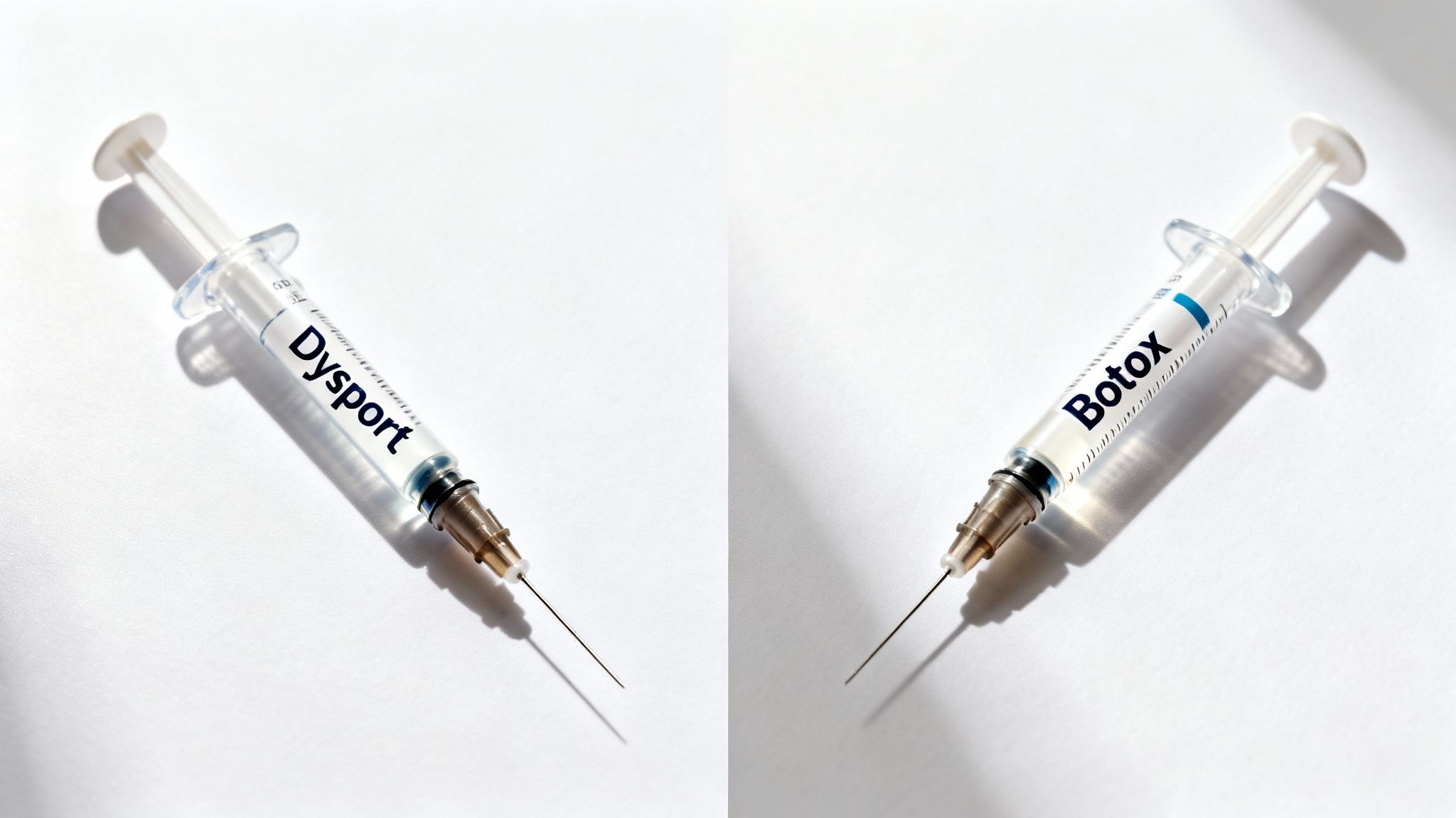 Two syringes, one labeled Dysport and the other Botox, for cosmetic anti-wrinkle treatments.