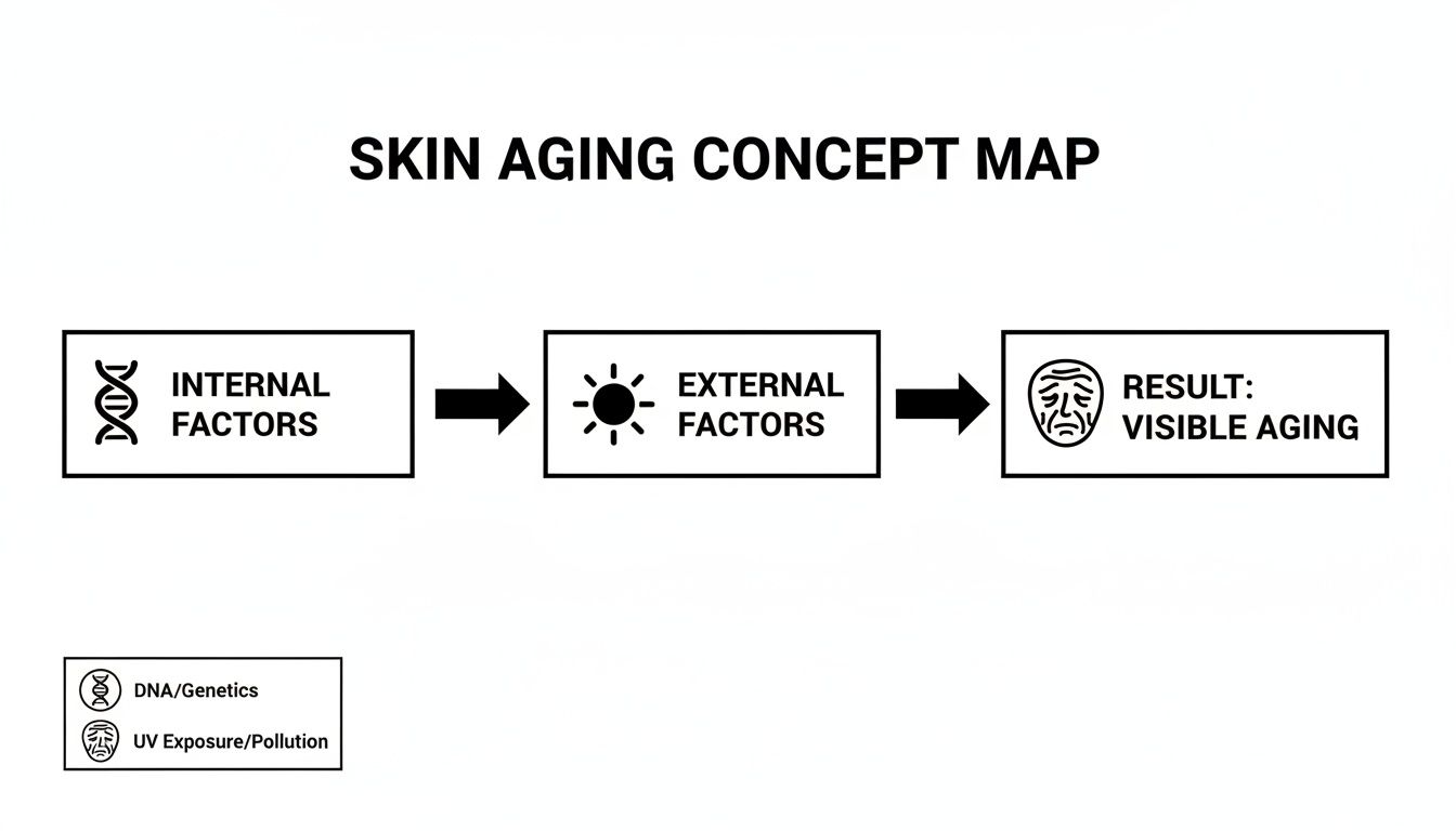 A concept map illustrating skin aging, showing internal factors and external factors leading to visible aging.
