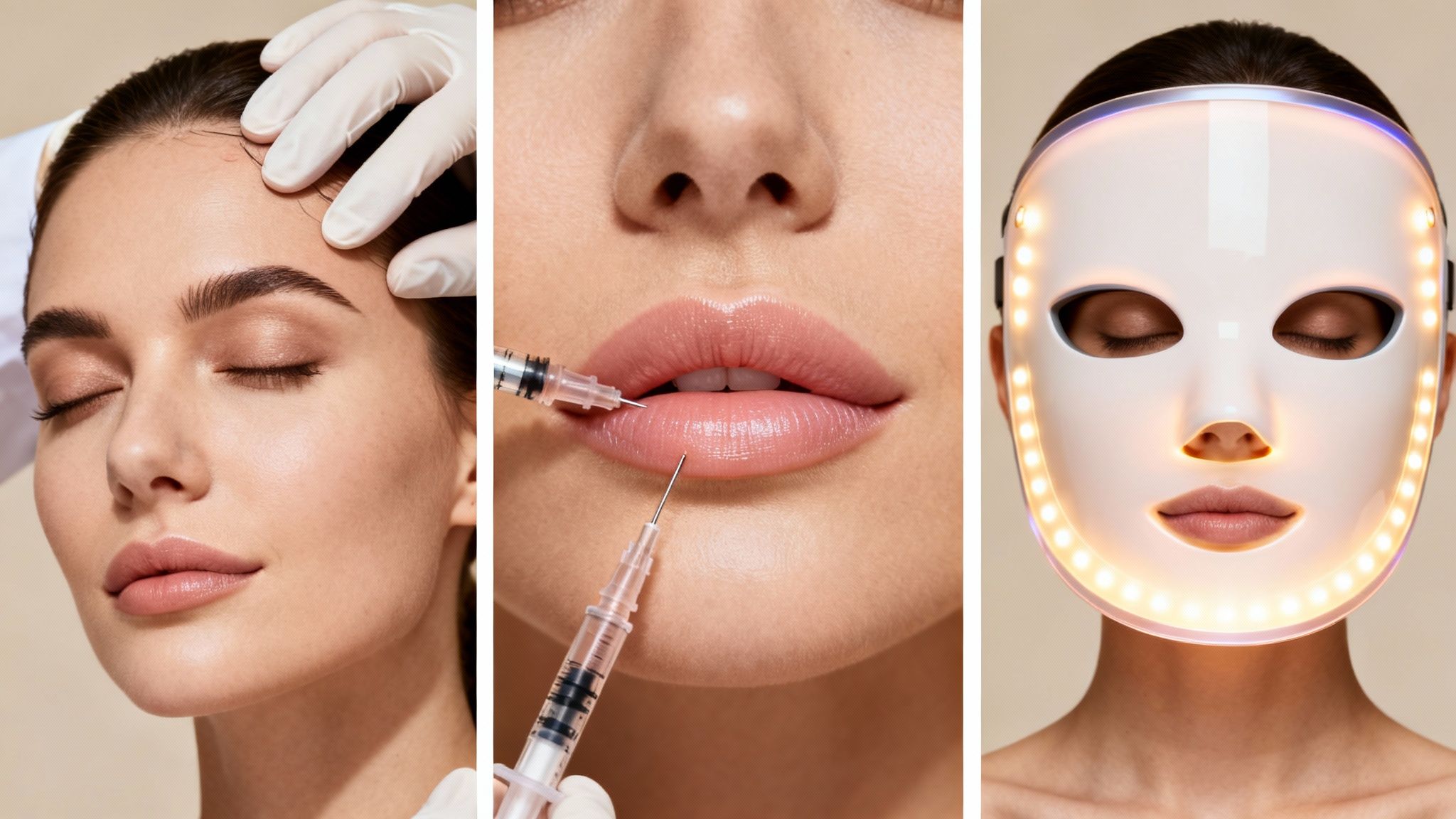Three close-up images of a woman undergoing non-invasive cosmetic procedures: forehead injections, lip fillers, and LED light therapy.