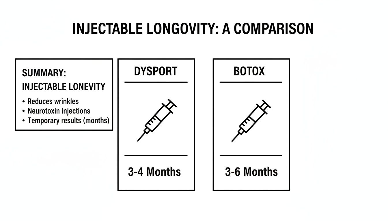 A comparison chart showing Dysport lasting 3-4 months and Botox lasting 3-6 months for wrinkle reduction.